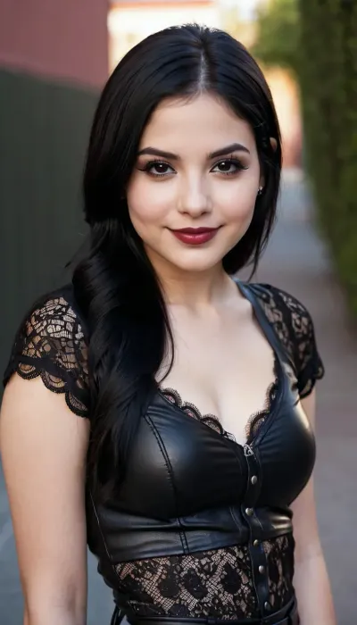 22 years old mexican-american woman, smiling, black hair, big cheeks, white and pale skin, black lace shirt, black leather pants, emo girl, black lips, black eyeshadows, long straight hair, round breasts, middle body view, mexican street, skinny, flat body, flat torso, narrow waist, small hip, highest quality, detailed skin texture, masterpiece, 4K, <lora:crying:.15>, <lora:tearsXL:.15>