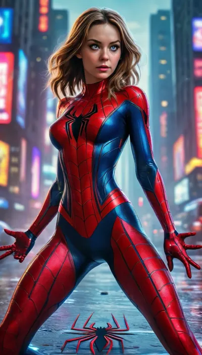 ((Movie poster for a 2020s SciFi movie version of Spiderman movie, sexy, cleavage, sexy legs, small breasts)), <lora:MJ52:.6>, Movie, Poster, page, <lora:Movie Poster:.8>