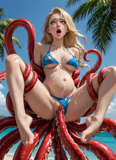 masterpiece, best quality, highly detailed, (anime:1.2), BREAK, ((solo)), ((a gorgeous 25 year old white blonde girl wearing really torn bikini at a tropical beach, together with a tentacle monster having sex)), ((arms and legs restrained by octopus tentacles)), (riding on top of monster's octopus tentacle, reverse suspended congress, vaginal penetration, extremely wide octopus tentacle too big for girl and stretches pussy to breaking point, lifted in mid-air by octopus tentacle inside her pussy, octopus tentacle penetrates her pussy and lifts her off her feet, feet not touching ground, air between feet and ground, cum from octopus tentacle dripping from her wet pussy, pussy juice:1.2), (octopus tentacles sliding between her breasts, octopus tentacles sucking on her nipples, milking her breasts, octopus tentacles wrap and coil around her breasts, arms, legs, hip, ankles, tentacles caressing and groping her body, octopus tentacles pulling on her torn bikini top, pulling down her torn bikini, octopus tentacles undressing girl:1), ((ahegao, moaning, aroused, intense orgasm, orgasm)), (1 horny girl, fucked silly by the tentacle monster, girl moans out of intense sexual pleasure), (slim), athletic, sweaty, cum covered, gymnast body, ((blue eyes)), ((blonde hair)), pony tail, (natural b cup breasts:1), (wet shaved pussy), (girl has a pregnant belly from all of the cum in her belly:1), <lora:Better Anime Backgrounds - [Background] - SDXL Version 1:.5>