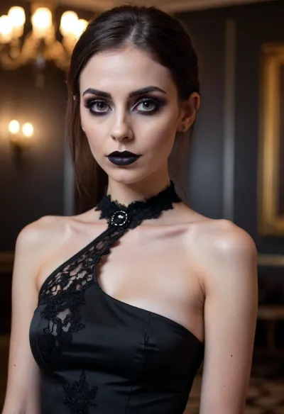 29 year old beautiful skinny girl with gothic makeup looks piercingly at the camera at a 1/3 angle, light black dress thrown off one shoulder and bares her chest