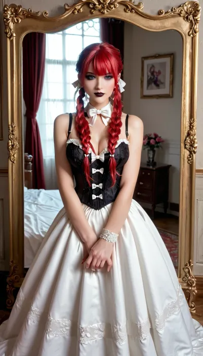Raw photo, 8k uhd, high quality, high resolution, ultra-detailed, professional photography, photorealism, realistic, beautiful sexy tall supermodel girl, french maid lingerie, corset, goth girl look look, beautiful face, long pigtails hairstyle with white bows, red hair, big rounded tits, seductive face, makeup, dark lipstick, full body visible, complete body showing bmbplora, Garterbelt, black, fabric, floral, embroidery, wearing, the, garterbelt, iron, chains, <lora:bimboxl_02:.5>, <lora:GarterbeltXL:.5>