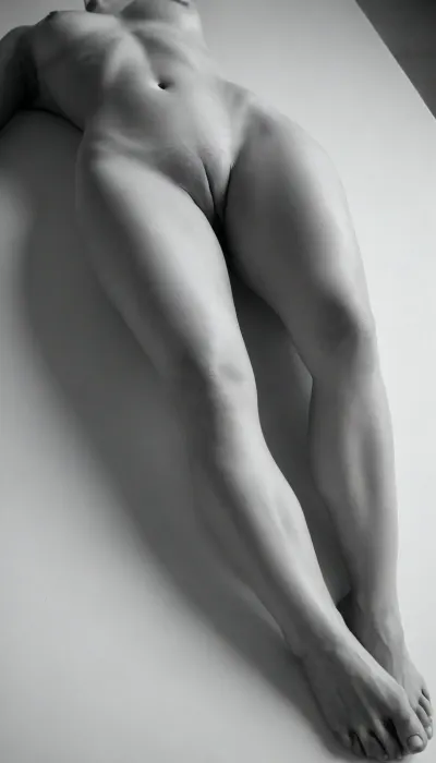 A closeup image black and white photograph captures the elegant and sensual form of a nude model lying on a smooth, light-colored surface. The composition focuses on the lower half of the body, emphasizing the curves and lines of the legs and hips. The figure's legs are bent at the knees, with one leg extended and the other slightly raised, creating a dynamic and graceful pose. A black high-heeled shoe adorns one foot, adding a touch of sophistication and contrast to the otherwise monochromatic scene. The lighting is soft and diffused, highlighting the smooth texture of the skin and creating subtle shadows that enhance the three-dimensionality of the form. The overall mood is one of quiet elegance and understated sensuality, achieved through the interplay of light, shadow, and form.