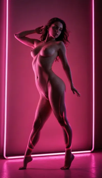 A fine art nude photography series exploring the interplay between light and darkness. A curvy female model with a sculptural, gravity-defying pose is illuminated only by thin strips of neon light in an otherwise pitch-black environment. she wears neon pink stockings, Her body arches in an asymmetrical yet elegant posture, one foot barely touching the reflective floor while her other leg extends outward. Her arms are stretched in an abstract, almost contorted fashion, resembling a surreal dance movement. Parts of her body emerge from the shadows, while others dissolve into the darkness, emphasizing mystery and fluidity. The contrast between her curvaceous form and the sharp, geometric lighting creates a powerful visual tension.