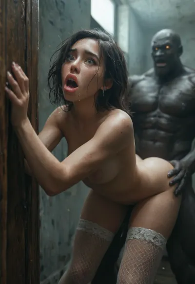 interracial, dark room, black walls, black curtains, ((very muscular African brute fucking)), ((doggystyle)), no electricity, no light, dark night, moonlight rays, ambient lighting, window, night, Asian girl standing at wall with hands on the wall, struggling face, bent forward, huge black brutes fucking her doggystyle, white fishnet stockings, huge size naked black brute, doorway, PEOPShockedFace, shocked, face, eyes, popping, out, mouth, open, anime, cartoon, <lora:PE_OP_ShockedFaceMeme:.8>, <lora:MJ52:.8>, <lora:tags:.8>, crying, big lips, close view