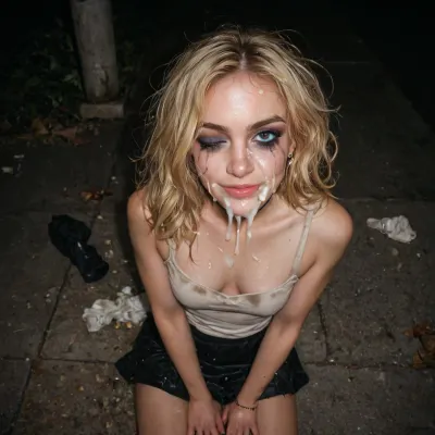 very skinny blonde girl, (ruined makeup), (ruined mascara:1.2), messed up mascara, sitting on a trash-covered sidewalk, at night, her legs in front of her, messy hair, ragged clothes, ragged mini-skirt, ragged and stained top, her body is dirty and filthy, body covered with filthy stains, she seems to be living in the street, (she received a huge facial cumshot), cum all over her face, (cum on her forehead:1), cum in her hair, seductive smirk, winking playfully, picture from above, 3/4 view, bukkake, cum, <lora:MS_Real_XL_Bukkake:.5>