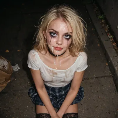 Au-dessus de la poubelle: une nuit de bukkake - une histoire de séduction inattendue

- Oui.

D'en haut, une image générée par l'IA révèle une blonde très maigre assise sur un trottoir couvert de poubelles la nuit. Ses jambes sont séparées, une mini-jupe raclée qui couvre à peine son corps sale et sale. Les restes de ses cheveux sales cadrent un visage couvert de maquillage ruiné, frotté de mascara merdique. Un smirk séduisant joue sur ses lèvres, évoquant une histoire inattendue - une scène de bukkake, où le sperme s'est éclaboussé sur tout son visage et ses cheveux, en masquant son haut et ses bas hauts de cuisse.