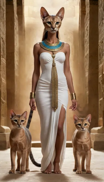 uber realistic image, fullcolor image, full body view, 8K quality, ultra detailed, masterpiece, The ancient Egyptian goddess Bastet, (((a woman with the head of an Abyssinian cat))), wears a kalasiris made of translucent white fabric, Three kittens are playing at the feet of the goddess, (sharp body), detailed body, on focus, perfect face, perfect tits, professional photo, (full body in picture:1.5), RAW photo, full body, ((topless, breasts exposed, tits out)), ((huge tits)), large boobs, perfect body, ultra-detailed, dim light, low light, ((high detailed skin)), 8k uhd, dslr, high quality, detailed skin texture, (highly detailed hair), highly detailed body, (realistic), soft focus, insanely detailed, (skin pores), whole body in frame, whole body visible