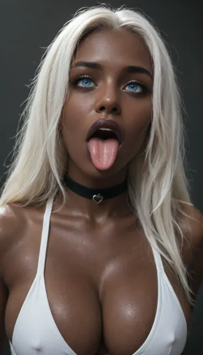 a photo of Senegalese fitness model with, (((white hair, blue eyes, pitch black skin, ebony, very large breasts, very dark lips, black choker, crossed eyes, tongue out, ahegao))), (closeup), looking at viewer, horny, closeup, (((long white hair, blue eyes))), crossed eyes, tongue out, BreastsApart, breasts, huge, backbreakingbreasts, tattoo, irezumi, black, dark, latex suit, (), <lora:Sweaty_Realism_4-000006:.8>, <lora:Diversify:1.1>, tongue, out, ahegao, drool, <lora:ahegao_mr_chrisma:.8>, plain_catsuit, <lora:Plain_catsuit:.8>