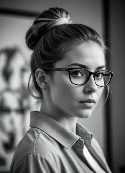 woman, glasses, thick ponytail, in the style of a black and white sketch