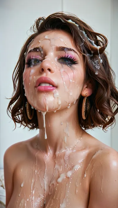 super close hot of bukkake, cumshot, facial portrait picture of her face in cum facial, with natural minimal makeup, a lot of Cum on her face, cum on her long black eyelashes, Cum on her eyelids, Cum on her cheek skin, her face wet with Cum, Cum on her pink lips. cum on her hair, One of the ears dripping cum, woman, cum, on, face, ruined, makeup, <lora:JustCum:1.1>, <lora:ruined1:.9>, <lora:Pink_Lips:.9>, <lora:add-detail-xl:.5>