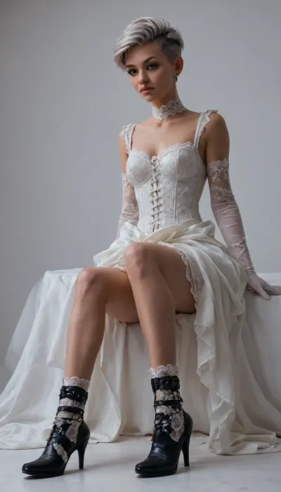 A girl in a Victorian-style velvet dress with a lace collar, a studded leather corset, and elbow-length gloves, bright white hair, (pixie haircut:1.6), (white lace up stiletto heeled ankle boots:1.7)
