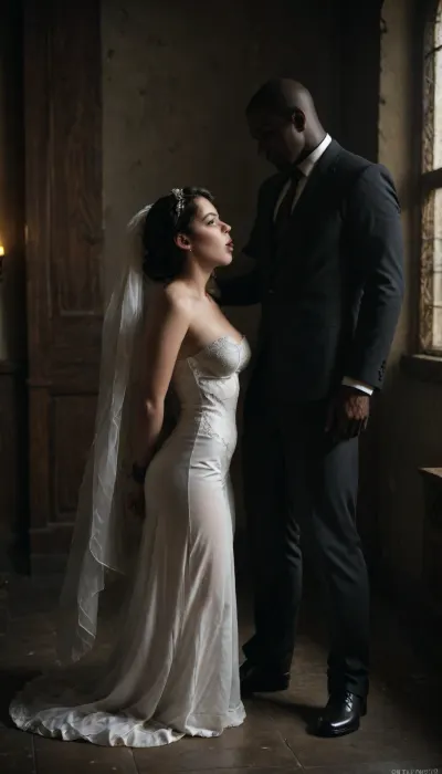 interracial, black skin man.
A modern, side view, professional bridal full body image of an Iranian bride with a slightly curvy figure, raven black hair, wearing a luxurious white wedding dress with Persian-inspired embroidery, standing in soft natural light near a window. Her makeup is elegant and traditional with a modern touch. She wears delicate gold jewelry and a sheer veil with lace edges. The background is minimalistic and bright, blowjob for big black panis, deep throated big black penis, with soft-focus floral elements., ((there is a huge giant black skin muscular man in a suit standing near the bride)), The composition highlights her natural beauty and confidence, with a soft glow and cinematic style lighting. Captured with a shallow depth of field and high resolution., upside, down, one, face, rope, black, tape, bondage, <lora:face_upsidedown:1>, <lora:bdsm_SDXL_1_:1>, <lora:dAIversityUnderstandingXLRealistic:.7>, <lora:dark:.5>, BadX, <lora:Cross_Dress:.8>