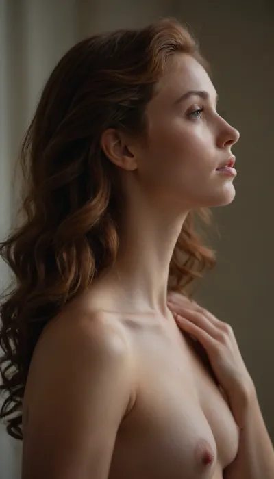 masterpiece, best quality, (ultra-detailed photorealistic nude study of a stunning young woman:1.3), (female body in profile:1.4), (sense of vulnerability, romantic intimacy, bashful expression:1.5), (flawless pale alabaster skin:1.1), (rich auburn hair with coppery highlights, long luxurious wavy hair, voluminous hair), (soft breasts, high breasts, small natural breasts), minimalist composition, sharp focus on eyes and hair details, subtle vignette, (dramatic cinematic lighting:1.2), strong key light illuminating the face, soft rim light creating separation, deep contrasting shadows, shot on Sony A7R IV with 85mm f/1.4 lens, shallow depth of field, bokeh background, professional color grading, RAW photo quality, 8k UHD, insanely detailed, intricate details, natural skin texture, natural hair texture, award-winning photography, striking visual contrast