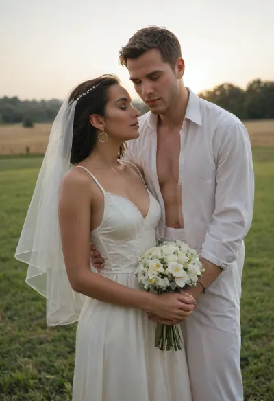 "A poetic and emotional wedding photo of a polyamorous triad — an Iranian bride in a modern, minimal white gown, standing between two black skin partners, a dark-haired woman in a champagne-toned dress, and a clean-shaven black skin man in a tailored suit. They hold hands in a circle, their heads touching gently, eyes closed, sharing a moment of deep connection and intimacy. The background is golden hour sunlight filtering through tall grass in an open field. The scene feels warm, accepting, and cinematic — a soft celebration of love beyond tradition. All three wear subtle smiles, and matching gold rings symbolize unity and balance in their non-monogamous bond."