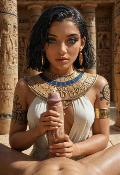 egypt woman, bright grey eyes, ancient egypt, (egypt glyph tattoos:1.3), handjob pov, Egyptian, thr0n3, r00m, egyptdress, large cock cumming, <lora:ancient_Egyptian_thr0n3_r00m:.2>, <lora:egyptdress_SDXL_0_-000002:.2>, <lora:681678_training_data:.5>, <lora:xl_more_art-full_v1:.5>