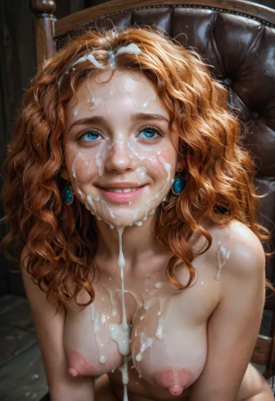 21 year old, Merida from brave movie, close up face shot of her bukkake, body leaning backwards on chair, legs closed, looking off to the side, head tilted slightly upwards, shy happy and smiling, hd Pastel blue eyes and detailed iris, ((Long perfect hair with fringe)), bunches in hair, ((shy and looking away)), realistic gooey thick white cumshots, cum facial, with natural minimal makeup, a lot of Cum on her face, cum on eyelashes, excessive extreme cumshots dripping down her body, perky c_cup breasts, extreme large nipples, puffy dark pink nipples, thick nipples, thick gooey cum dripping from breasts, Cum on her eyelids, Cum on her cheeks, her face wet with Cum, Cum on her pink lips. Cum on her hair, One of her ears dripping cum, excessive cum is dripping from face down her body, bukkake cum between breasts, bukkake, cum, <lora:MS_Real_XL_Bukkake:.1>, <lora:ahxl_v1:.6>