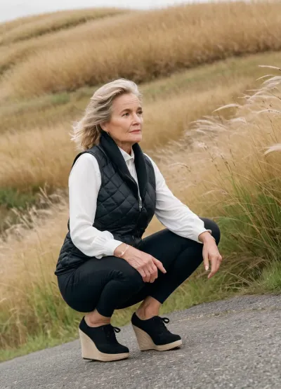I photograph a 60 year old woman in squatting position on a downhill asphalt country road with tall grass and a wall on the sides, cloudy day with a lot of wind, small stature woman, blond wavy hair tied up, black scarf around her neck, black quilted vest, tight black leggins, sponge white socks and tall wedges slippers