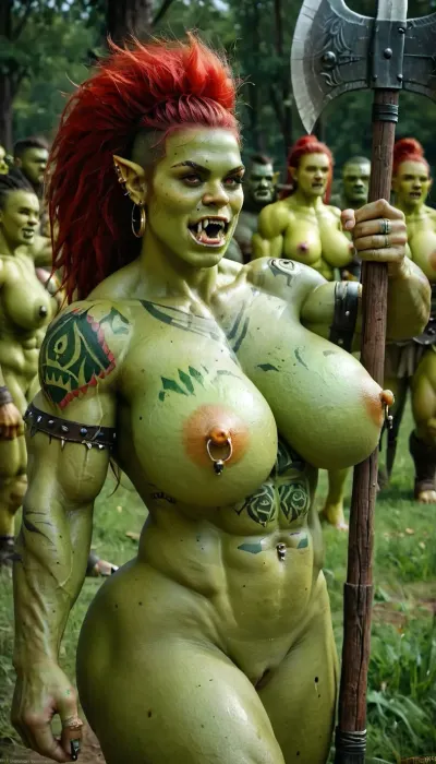 Uber realistic, 8k, ultra detailed, masterpiece, female warrior orc, naked, ((((very green skin))), muscular, huge natural breasts, very long red hairs, in a battle field, huge axe in her hand, pierced nipples, fangs out, orc fangs, sexy orc face, bigs golden nipples rings, a lot of piercings, pierced clitoris, a lot of orcish tattoos, naked, oily skin, big pussy, piercing, ring, Orc, Shaman, (Orc girl:1.3), (orc face:1.3), (green skin:1.6), axe, and, shield), <lora:crowd_notrigger:.5>, piercing, ring, <lora:nippleRing:.5>