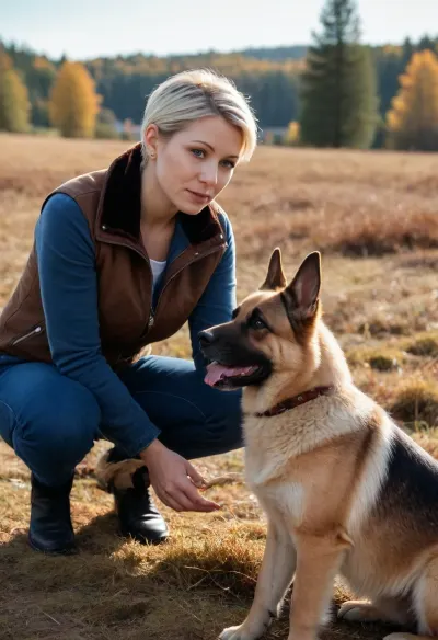 (masterpiece, best quality:1.2), 1 swedish 30yo woman, blue jeans, (earth brown velvet troyer:1.4), outdoors, white blonde hair, bright ice blue eyes, short haircut with side parting, hair tucked behind ears, in autumn swedish fjell landscape, photorealism, german shepherd is next to her, she kneels on the ground and strokes the dog, <lora:708827_training_data:.5>