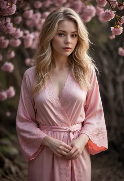A sensual woman with mass of long blonde messy hair stands against a softly lit, dark textured background of blossoming wild-cherry tree. She is wearing a japanese lace robe that drapes loosely around her body. Her pose is elegant and introspective, with her head slightly tilted down and side. Confident, yet vulnerable, dreamy. Slightly Blended with a soft pink-Orange ambient light.