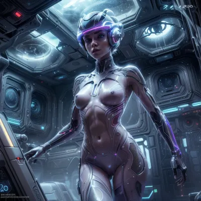 ((ultrarealistic 2020s SciFi movie frame, sexy 21yo unique beauty, naked, skinny, short hair, sexy legs, small breasts, wet pussy)), Movie scene, scifi ship, colorfull profesional lights, (holographic visor), nanotech, <lora:Fisher_Nanotech Android v0.2:.4>, <lora:more_details:.5>, <lora:detail_slider_v4:.5>