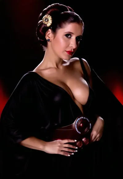 Uber realistic, 8k, ultra detailed, masterpiece, (beautiful_face:1.5), (leia:1.5), (princess_leia:1.2), (dark_side_leia:2), (sith:1.8), (dark_side:1.8), (evil:1.5), star wars, death_star, full_body, (black_robes:1.5), (mascara:1.5), (armor:1.2), (full_view:1.8), (exposed:1.8), (large_breasts:1.5), (exposed_breasts:1.8), (exposed_pussy:1.8), (nude:1.5)