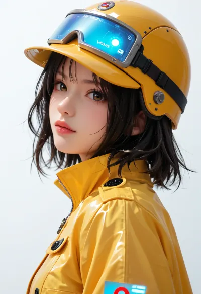 half body, 3/4 view portrait of an asian girl with short black wavy black hair, black hair, side view, tiny boobs, facing side, from side, blank white background, 4ng3l, face, view from below, looking at viewer, sexy face, epic pose, <lora:SDXL_BetterFaces-LoRA_v1:.5>, oversize yellow rain coat, anime, holographic visor, holographic helmet