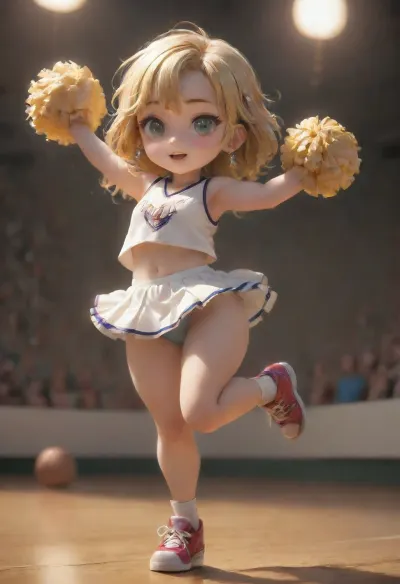 <lora:M_niji_XL:.8>, CHIBI, <lora:qban-nig:.8>, Girl, cheerleader, dancing, in an empty basketball hall, white top, white skirt, red sneakers, green eyes, golden hair, white pompoms, Blue panties