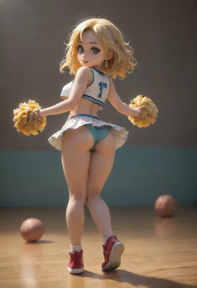 <lora:M_niji_XL:.8>, CHIBI, <lora:qban-nig:.8>, Girl, cheerleader, butt view, ass, dancing alone, in an empty basketball hall, white top, white skirt, red sneakers, green eyes, golden hair, white pompoms, blue panties