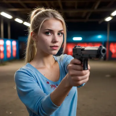 Late night in the amusement park. In front of shooting range full of zombies. beautiful 23 yo blonde girlfriend, no makeup, Brown eyes, ponytail, 5/7 view, casual outfit, sponge bob painted on her blouse, good hands, perfect fingers. The woman shoots zombies with old winchester shootgun., (cool bright fluoroscrnt light inside the shooting range), dim warm colorfull light outside the shooting range. Strong side neon red and blue light. Ambient UV light.