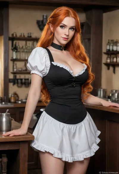 Full body, Elica Honkers, extremely large breasts, extremely large ass, extremely large hips, extremely thin waist, extreme hourglass figure, top heavy, bottom heavy, front heavy, back heavy, bimbo body, elf woman, super long pointy ears, long wavy orange hair, muscular, toned, no makeup, ruffled black dress, white apron, barmaid, tavern, medieval fantasy inn, maid aesthetic