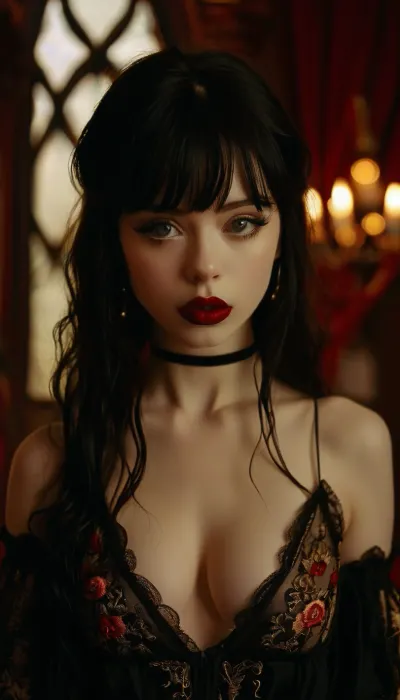 gothic, goth, pale skin, dark black-red eyes, black hair, bangs hair, black eyeliner, (black lipstick), white skin, perfect eyes, small eyes, detailed eyes, small nose, good anatomy, ultra detailed, high resolution, fake breasts, slut face, whore, (ahegao:1), sexy posing, (illustration:1), (hand drawn:1), (anime:1), artist_name, <lora:MJ52:1>, <lora:EnvyZoomSliderXL01:-1>, <lora:illustrious_styles_v3_vpred:1>