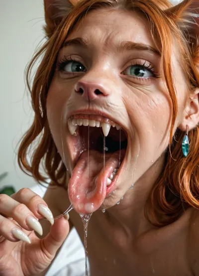 nude masterpiece, innocent fit vascular veiny skinny, (pale ginger 30 yr old woman), (transforming into a sexy anthro cat girl:1.3), (sharp claws:1.2), (short ginger cat fur), (big wet pussy), (open mouth, drooling saliva from her mouth:1.3), (intense cat eyes), (fangs), <lora:SDXL1.0-LoRa_Zeitgeist-Morphing-Concept_by-AI_Characters-v1.0:.95>