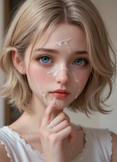 score_9, score_8_up, score_7_up, score_6_up, 1girl, solo, up to down picture, lips, blonde_hair, blue eyes, (cum on face:1.5), perfect picture, finger on mouth