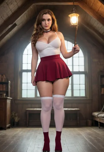 Full body, Whoremione, extremely large breasts, extremely large ass, extremely large hips, extremely thin waist, extreme hourglass figure, top heavy, bottom heavy, front heavy, back heavy, bimbo body, Hogwarts witch, long bushy brown hair, Hogwarts tube top jumper, tiny maroon skirt, white thigh highs, holding up her wand and casting a spell on herself, bimbo body growth, breast growth, butt growth, hips growth, in an attic