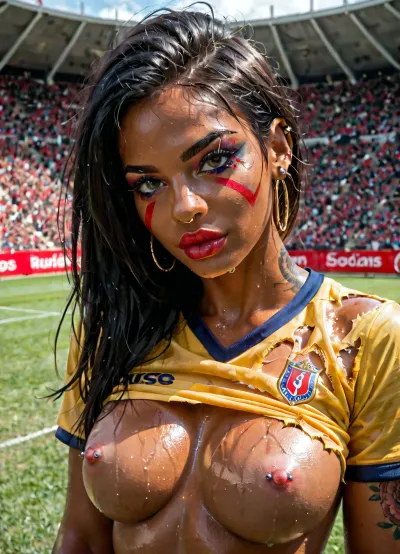 High detail, Colombian woman, football field stands, big black eyes, fit body, golden skin, tanned skin, brown skin, lubed body, oily body, shiny skin, abundantly tattoos, straight black hair, red lips, big lips, full lips, lip piercings, red line face painted, yellow shirt, soccer shirt, blue shirt details, red shirt details, shirt torn above the boobs, wet shirt, small nipples, pink nipples, piercing nipples, piercing boobs, piercing tits, small areola, pink areola, fake boobs