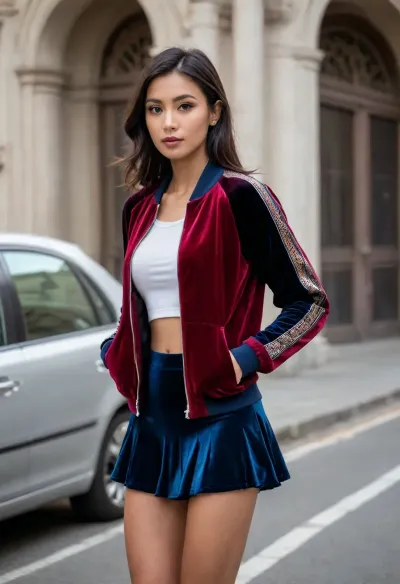 Skinny 30yo filipino woman, raven black hair, outdoors on a busy public place, (she wears contrast colored detailed velvet luxury track jacket, jacket half opened, plain cotton fabric undershirt, short skater skirt:1.5), firm perky breasts, detailed face, detailes eyes, perfect hands, earrings, jewellery, flat midriff, she rides a skateboard