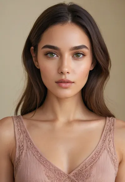 The young woman has a delicate, symmetrical face with soft, feminine features. Her eyes are large, almond-shaped, and strikingly expressive, with a bright light green or hazel color that draws immediate attention. Her eyebrows are naturally thick, well-shaped, and slightly arched, framing her eyes beautifully.

She has a straight, narrow nose that complements the overall balance of her face. Her lips are full and well-defined, with a natural pink tone, giving her a youthful, fresh look. Her cheekbones are high and subtly pronounced, adding an elegant contour to her face.

Her skin tone is clear, smooth, and fair, with a slightly warm undertone. She wears her dark brown, almost black hair in a loose side braid, with a middle part, allowing soft strands to frame her face naturally. Her overall expression appears calm, natural, and slightly ethereal.

She has a slim neck and shoulders, visible due to her sleeveless green top, enhancing her delicate and graceful appearance.