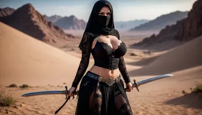 Dark Fantasy Art of, an assassin in a black burka covering her face burka style, blue eyes, massive breasts, detailed relief breasts, dark, moody, dark fantasy style, burka, black lace bra, perfect figure, garter belt as knife holder, oriental sword armed, sword swinging over head, ready for battle style, desert landscape, wide pelvis, big tits, beautiful long legs, ohwx, woman, full view, posing, <lora:SDXL_GigaTits:.6>