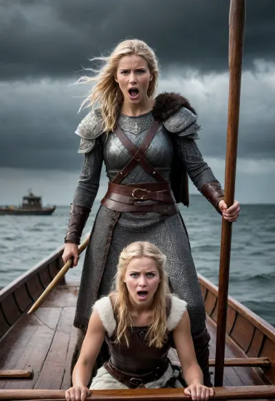 a stern Viking warrior stands on the deck of a dragonboat, his face is weathered and scars are visible, he is dressed in chain mail, leather bracers, a wolfskin cloak is draped over his shoulders, a Carolingian sword hangs from his belt, carries on his shoulder a resisting young slender blonde woman in a simple long white dress, her dress is pulled up and a round ass, a woman screams for help, round shields, axes and spears are stacked on the deck of a dragonboat, stormy sea in the background, leaden-gray sky with dark clouds and lightning, the whole picture is in the style of the Dark Ages, dramatic colors, high resolution, realistic. Style
