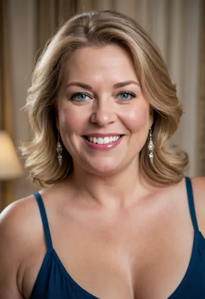 A realistic and highly detailed close-up portrait of a smiling fat chubby mature woman in her late 50’s with shoulder-length dark blonde hair and detailed blue eyes. She is chubby and has sagging breasts. She is wearing a lowcut v-neck black spaghetti-strap top and large, silver, teardrop-shaped earrings. Her expression is warm and engaging. The background is a softly blurred, high-quality image of a luxurious hotel room with a large bed, neutral-toned furniture, and elegant curtains. The lighting is soft and natural, creating a sophisticated and inviting atmosphere.