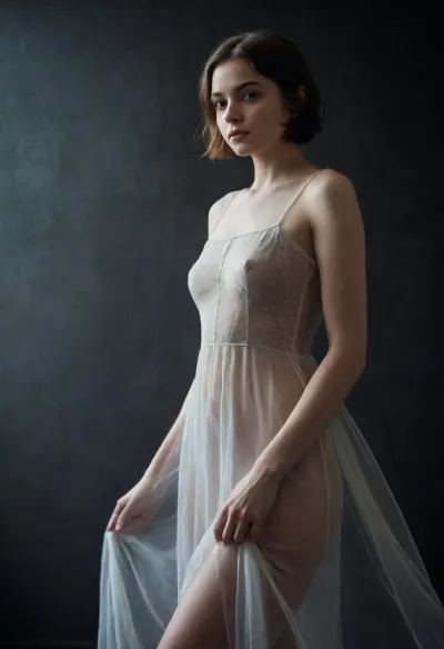 Photos studio setting. Dark background. A young short haired woman 21 years old standing gracefully. She is wearing a delicate, transparent dress. The scene is set in a serene, minimalist environment, where the focus is on the interplay of light and shadow. Her tiny breasts are revealed through the see-through fabric. The overall mood is tranquil and captivating, with a touch of dreamlike allure., Photographer, Maren, Klemp, Style, <lora:Photographer Maren Klemp Style:.8>