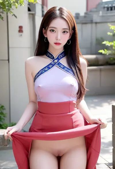 A 20-year-old Korean woman wearing traditional red Chinese clothing, In front of the Chinese traditional castle, yujimin, Full body photo, pointed face, big eyes, white skin, red lips, Bright sunlight on the left, braless, Wearing, clothes, that, make, sense, with, Braless>, qipao1, cheongsam, Chinese traditional earrings, Pose with your arms spread out, <lora:yujimin_v10:1>, <lora:bralessSDXL_v1_00022:.8>, <lora:qipao1_XL_reg1_-000004:.3>, skirtlift, <lora:skirtlift_xl:.8>, Pink pussy with hair, big clitoris