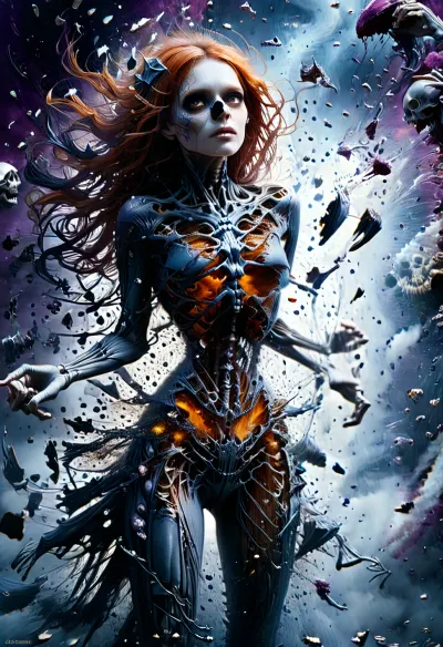 ((ultimate realism)), (Velma Dinkley withy a beaty body), cute, innocent, gorgeous, desirable, pleasing, goddess, intense moaning, torn purple stretch outfit, spitroast, ((gang banged by three skeleton monsters with white dicks:1.4)), (skeletons breaks:1.3), double penetration, oral penetration, deepthroat, throat bulge, cum on face, (cum on large tits), cum in pussy, (skeleton head explosion:1.7), in a dark haunted mansion at night, moon in sky, fog, (skeleton explosion:1.7), eerie atmosphere, (cum explosion:1.4), (Velma Dinkley withy a beaty human body:1.4), ral-vlntxplzn, drkms, <lora:ral-vlntxplzn-sdxl:1.4>, <lora:Microwaist_XL_v01:1.3>, <lora:MJ52:.6>, <lora:xl_more_art-full_v1:.4>, <lora:DarkGrimFantasyXL-000004:.8>