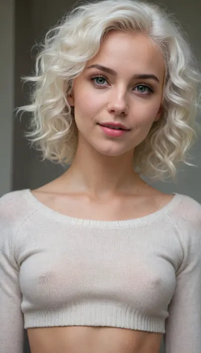 full portrait of woman, ((20 years old)), cheeky smile, ((high detailed skin)), high quality, detailed skin texture, (highly detailed hair), ((skinny body)), ((slim body)), (realistic), soft focus, insanely detailed, highest quality, ((cropped sweater, cutoff sweater, midriff)), midriff, choker on neck, naked waist, messy curly white hair, (underboob:1.3), Swedish woman, curly white hair, <lora:bralessSDXL_v1_00022:.4>