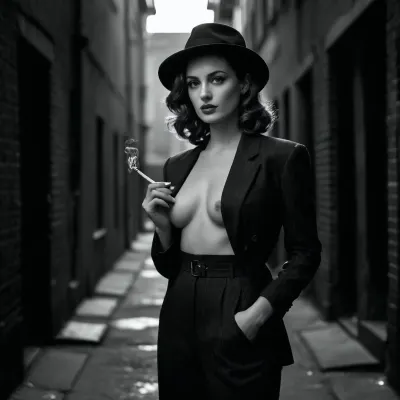 A striking 30-year-old woman stands confidently in a vintage 1940s mafia-style outfit, brought to life in ultra-realistic black and white. She wears a tailored pinstripe suit jacket draped loosely over her shoulders, revealing that underneath, she wears nothing — her full, natural breasts are tastefully and artistically exposed, highlighted by the soft interplay of shadows and light. Her high-waisted trousers hug her hips, the fabric slightly open at the front as if caught in a moment of undressing. Her long, wavy hair falls over one shoulder, and she wears a tilted fedora hat, casting a shadow over one eye. Her gaze is piercing, cold yet deeply seductive — a woman in control, dangerous and irresistible. A lit cigarette smolders in her gloved hand, the smoke curling elegantly through the air. The background suggests an old gangster club or noir alleyway, adding depth and vintage atmosphere to the scene. The monochrome effect enhances the mood, timeless, provocative, and intensely cinematic.