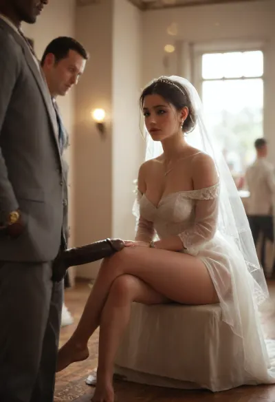 ((interracial)), large giant black penis. A giant black skin man in a grey suit stands near the bride., (((1 white skin cuckold loser man as husband sit in the corner of the room and watch the bride in bokeh:1.5))), "A curvy Iranian bride stands in a softly lit bridal suite, wearing a semi-sheer, delicately embroidered white robe that flows around her body, softly revealing her silhouette. Her long dark hair is loose over her shoulders, and a thin silk veil cascades down her back. The room glows with warm, golden afternoon light filtering through lace curtains, illuminating the textures of her skin and fabric. She stands calmly, her presence both sacred and sensual. Her robe slips slightly off one shoulder, revealing soft skin and the quiet confidence in her posture. Persian details surround her — intricate carpets, a low cushioned seat, rose petals scattered near her feet. The moment is serene yet charged with intimacy, portraying the bride not just as a symbol of purity, but of empowered feminine desire.", detailed, perfect, freckles, skin, texture, photorealistic, green, eyes, blue, brown, perfecteyes, <lora:Super_Eye_Detailer_By_Stable_Yogi_SDPD0:.8>, <lora:PerfectEyesXL:.8>, <lora:M05_Intensify:.8>