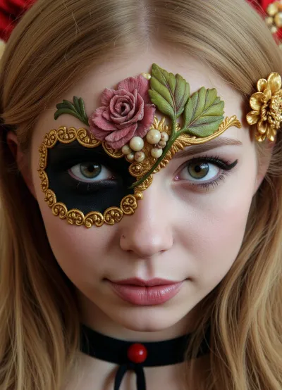 Alice in Wonderland, highly detailed, half skull face, cinematic, 8k, by Stanley Artgermm, Tom Bagshaw, Greg Rutkowski, Carne Griffiths, Ayami Kojima, Beksinski, Giger, trending on DeviantArt, hyper detailed, horror, full of colour, golden, <lora:Alice in Wonderland Flux Dev. LoRa:.8>