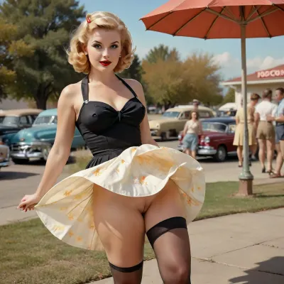 (((1950 pinup style))), painted style, outdoors, swinger dress, 1950s dress, 1950’s dress, pantyless, painted, watercolour, (ginger, blonde hair), black stockings and garter, Caucasian woman, curly messy Bob cut, Ad, Americana, Style, vintage, advertisement, retro, 1950's, windyupskirt, photography, Movie, Poster, page, <lora:windyupskirt_SDXL:.5>, <lora:1950s_Photography_XL_V1:.5>, <lora:Movie Poster:1>