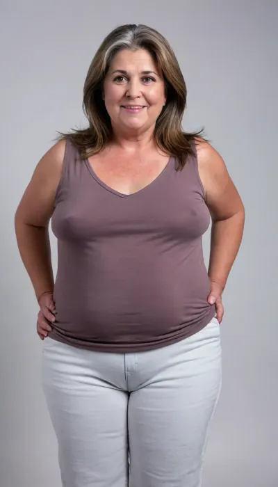 (Brunette Gilf:1.3), beautiful 60 year old woman stood in a, (photography studio:1.6), (perfect studio lighting), (obese:1.5), drooping, saggy, (smile:1.3), (full body shot), (detailed skin:1.8), (long brown straight hair with gray highlights:1.3), (big beautiful eyes:1.3), (detailed eyes), (chubby face:1.3), (wearing a lowcut v-neck sleeveless white T-shirt:1.4), braless, Wearing, clothes, that, make, sense, with, Braless>, <lora:bralessSDXL_v1_00022:.9>